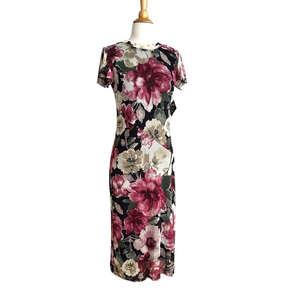 KATE and LILY Floral Mesh Column MIDI Dress Flutter Sleeves Sheer Romantic 6 - Picture 1 of 14